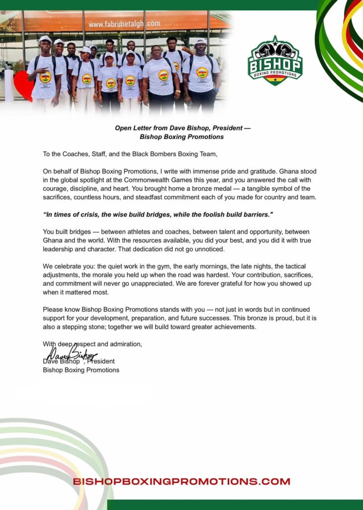 Open Letter from Dave Bishop, President – Bishop Boxing Promotions